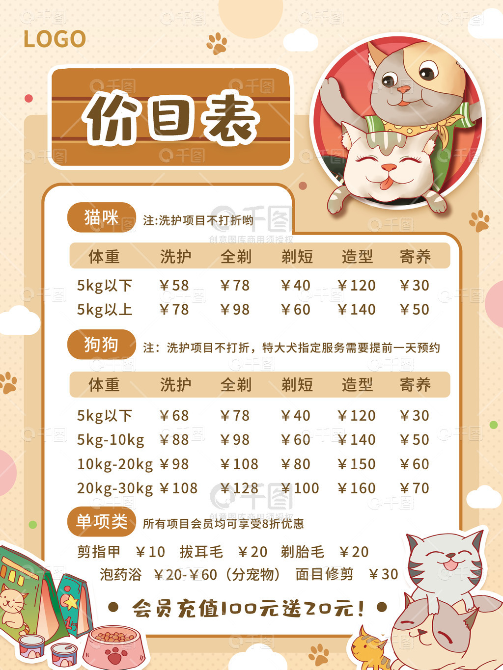 寵物美容洗護(hù)護(hù)理服務(wù)價目表